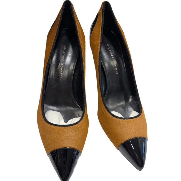 Giuseppe Zanotti Italy Heels Camel Pony Hair W/ Black Patent Toe Sz US 5 NIB - Picture 3 of 15